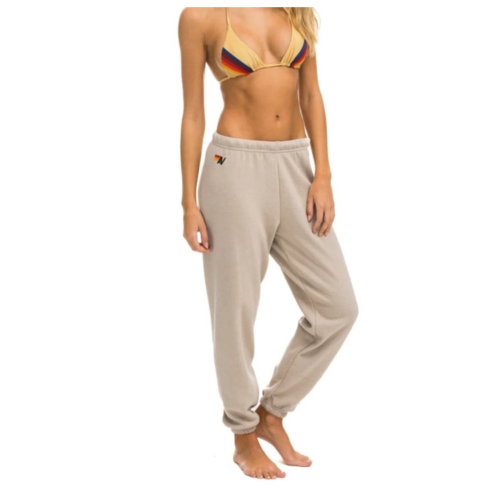 Aviator Nation Cream and Tan Track Pants with Retro Stripes
